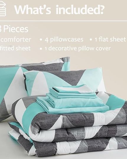 Bedbay Teal Comforter Set with Sheets Lightweight Summer Comforter Queen Size Bed in a Bag Geometric Chevron Bed Set Bedroom Decor Aesthetic Grey and Turquoise Down Comforter Set (Teal&Grey,Queen)