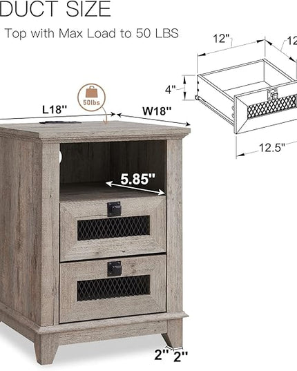 Nightstand with Charging Station,OKD 18'' Industrial & Farmhouse End Table with 2 Drawers & Open Cubby, Rustic Mesh Drawer Sofa Side Table w/Storage for Bedroom, Living Room, Office, Light Rustic Oak