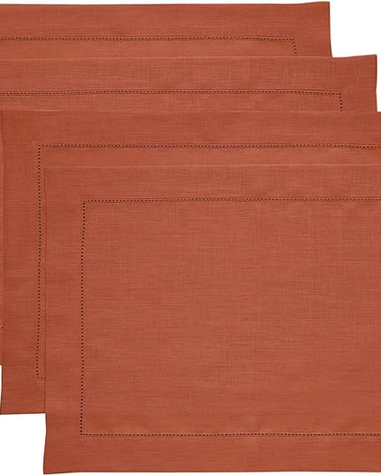 Solino Home Linen Placemats Set of 4 - Classic Hemstitch Cinnamon Placemats 14 x 19 Inch - 100% Pure Linen Table Mats for Winter