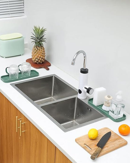 Silicone Kitchen Sink Organizer Tray for Multiple Usage,Eco-Friendly Sponges Holder for Kitchen Bathroom Counter or Sink,Dish Soap Dispenser,Scrubber,Bottle,Cup (Green, 12"×4")