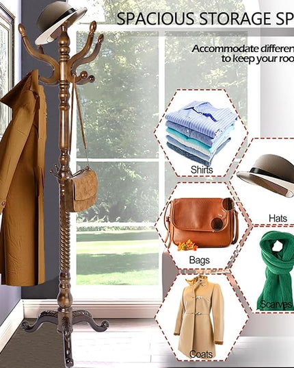 Coat Racks Free Standing with 11 Hooks, Natural Wood Coat Stands for Entryway, Adjustable Height 74 in Tree Coat Rack Stand for Hallway Home Office Bedroom (Brown Triangle)