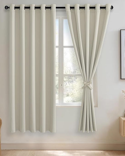 JIUZHEN Ivory Blackout Curtains with Tiebacks - Thermal Insulated, Light Blocking and Noise Reducing Grommet Curtains for Bedroom and Living Room, Set of 2 Window Curtain Panels, 60 x 72 Inch Length