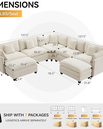 137'' V Shaped Cloud Sectional Sofa, Oversized Deep Seat Couches for Living Room, Chenille Comfy Upholstered Modular Sectional Sofa Couch with 2 Movable Ottoman, Beige