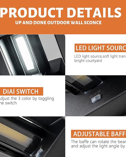 LED Outdoor Wall Sconces Exterior/Interior,Modern Black Square Aluminum Wall Light Fixture Set,Variable Beam IP65 Waterproof Lights.15W 3-Color-Changeable Up and Down Outdoor Lighting Fixtures.