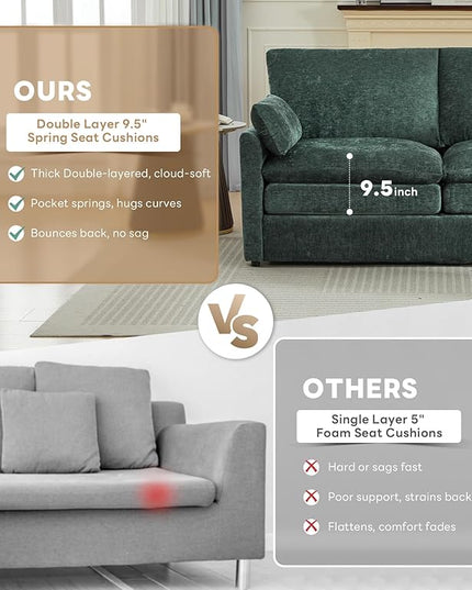 Tbfit Modern Couch, 89" Cloud Sofa Spring Seat Cushions, Comfy 3-Seater w/Pillows, Chenille Fabric Removable Covers, Soft Upholstered Living Room Furniture, Home Apartment, Green