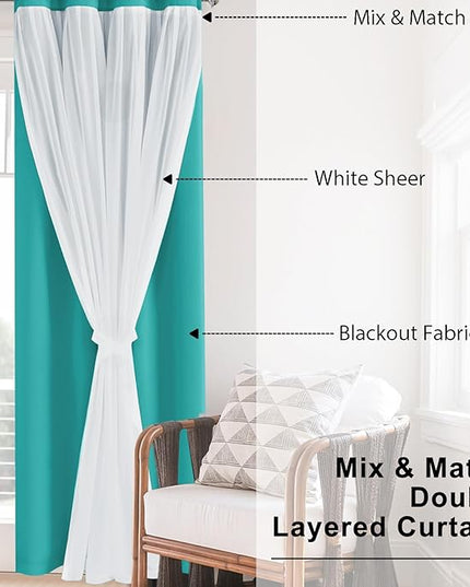 Hiasan Blackout Curtains with Sheer Overlay, Thermal Insulated Privacy Mix & Match Double Layer Window Curtains for Girls Bedroom, Living Room, 2 Drape Panels with Tiebacks,Peacock Teal, 52W X 63L