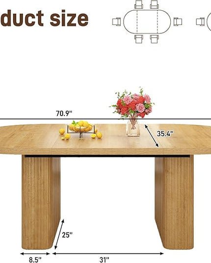 70.8 in Dining Table for 4 5 6 | Modern Natural Rectangular Kitchen Table W/Waterproof Wood Tabletop,Farmhouse Long Dining Room Tables W/Foot Pads&Wood Strip Base for Kitchen Living Room