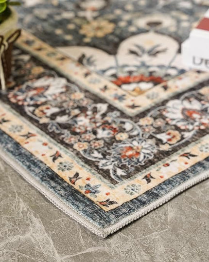 Washable Oriental Area Rug - 2x3 Rugs for Living Room Soft Carpet for Bedroom Waterproof Floral Distressed Indoor Stain Resistant Non-Shedding Floor Carpets (Blue, 2x3)