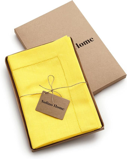 Solino Home Sunshine Yellow Linen Napkins Set of 4-100% Pure Linen Hemstitch Dinner Napkins 20 x 20 Inch - Classic Hemstitch