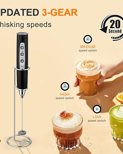 YUSWKO Handheld Milk Frother Wand for Coffee, Rechargeable Electric Whisk with 3 Heads 3 Speeds Drink Mixer Coffee Frother For Latte, Cappuccino, Hot Chocolate, Egg (With Stand, Light Black)