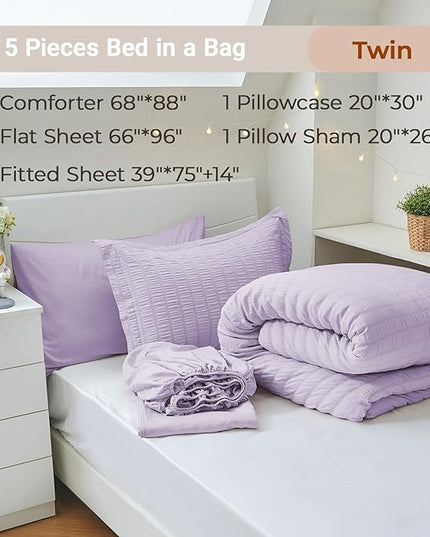 MUXHOMO 5 Pieces Twin Comforter Set, Seersucker Bed in a Bag Twin Size, All Season Luxury Bedding Set with Comforter, Flat Sheet, Fitted Sheet, Pillowcase & Sham, Lavender