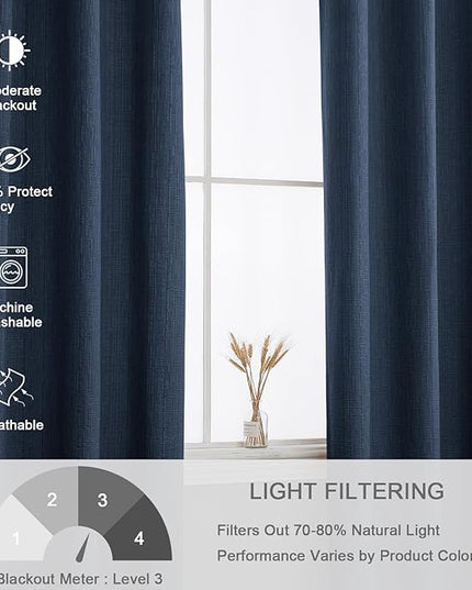 Extra Long Linen Curtains 120 inch Length 2 Panels Thick Faux Linen Blended Window Drapes Burlap Textured Curtains with Grommet for Living Room Farmhouse 10ft (52x120 Navy) Natural