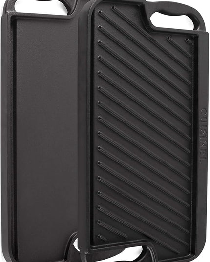 Cuisinel Cast Iron Griddle/Grill + Scraper/Cleaner - Reversible Pre-Seasoned 16.75" X 9.5"-inch Dual Handle Flat Skillet and Griller Pan - Works Indoor/Outdoor, Stove Burner, Gas, Fire