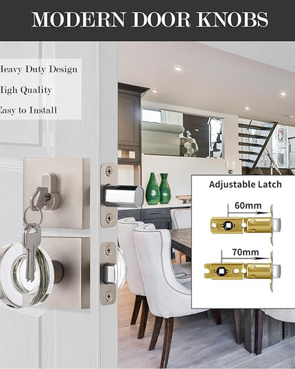 Exterior Glass Door Knob with Single Cylinder Deadbolt Lockset, Entry Crystal Door Knob with Deadbolt, Brushed Nickel Front Door Lock Set, Satin Nickel Front Door Handle and Deadbolt Set