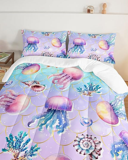 Cute Ocean Comforter Set Kids Bedding King Size,Color Jellyfish Conch Sea Star Print Comforter for Teens Boys Girls Room Decor,Kawaii Beach Bedding Set with 2 Pillowcases.
