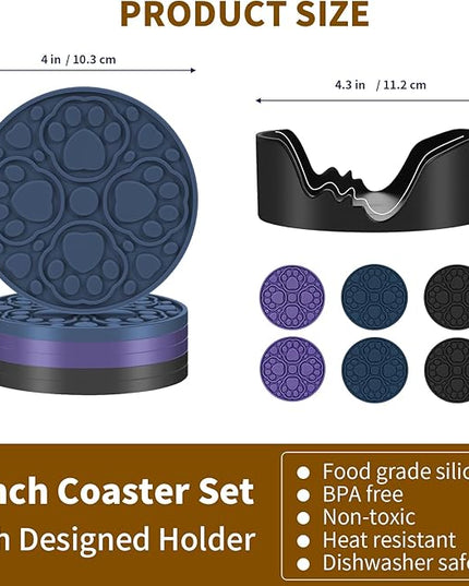 4 Inch Silicone Coasters Set of 6, (Black, Blue, Purple) Absorbent Non-Slip Drinks Coaster for Protecting Coffee Tables/Desks, Perfect for Home, Kitchen, Living Room & Office