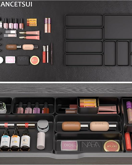 9 Pcs Stackable Drawer Organizer Trays Set, Multifunctional Stackable Storage Trays for Vanity, Bathroom, Kitchen, Desk Drawer Organizer Office. Plastic Drawer Organizers Available In 5 Colours, Black