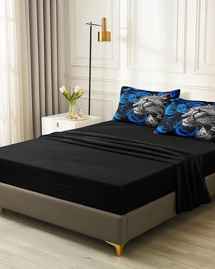 Merryword 8 Pieces Cheetah Leopard Bed in a Bag Blue Rose Comforter Set King Size Blue Flower Bedding Tiger Lion Wild Animal Comforter Set