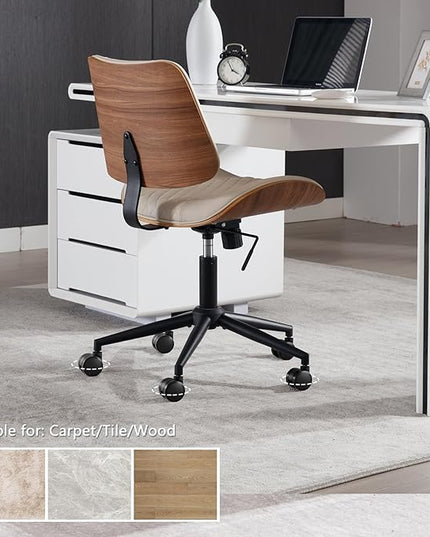 Home Office Chair No Arms with Wheels, Adjustable Height Small Desk Chair, PU Leather Mid Back 360 Swivel Computer Chair, Armless Modern Walnut Chair for Office, Reading Meeting Room(Beige)