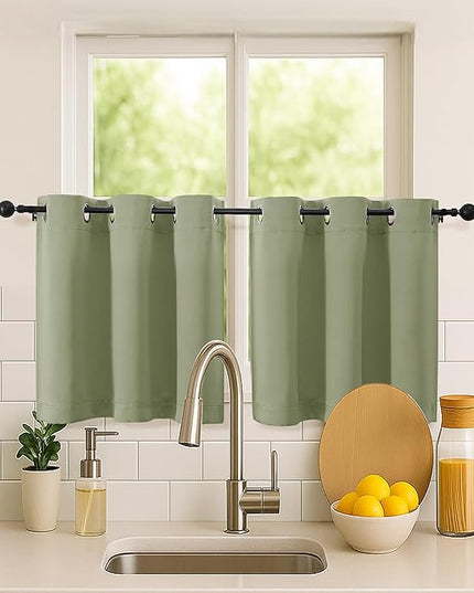 Simplebrand Sage Green Short Kitchen Curtains 24 Inch Length 2 Panels Set, Small Windows Room Darkening Curtain for Bathroom, Cabinet, Basement, RV Camper, Thermal Insulated Short Drapes, 40 x 24 Inch