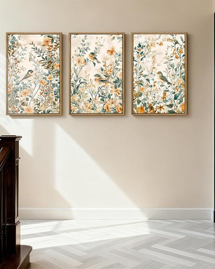 ANHUIB Large Neutral Floral Wall Art 16x24 Inch Beige Botanical Wall Decor Bird Painting Set of 3 for Living Room Bedroom Barhroom