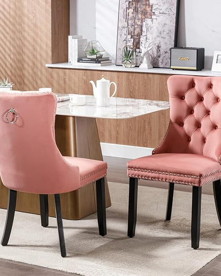 Modern 5-Piece Glass Dining Table Set for 4, Modern 60" Rectangle Black Glass Dining Room Table Set with Pink Velvet Tufted Chairs Wood Legs for Kitchen Dining Room