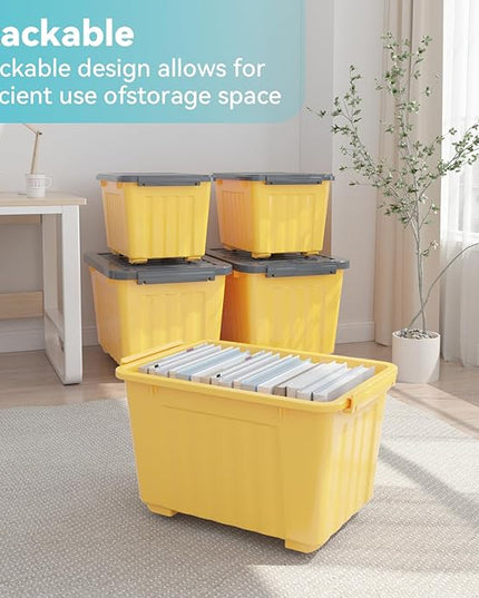 Nazhura Plastic Storage Bin, Stackable and Nestable Storage Boxes with White Lids and Secure Latching Buckles, Large Storage Container (Yellow/Purple, 72Quart-6Pack)