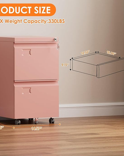 METAN 2 Drawer Vertical File Cabinet with Lock, Mobile Metal Filing Cabinet for Legal/Letter Size, Office Storage File Cabinet Under Desk with Card Holder,Assembly Required,Pink