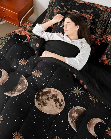 Feelyou Sun Moon Trippy 7 Piece Bedding Set Queen Size Red Floral Comforter Set with Sheets for Kids Adult Boho Nature Bed in a Bag Starry Galaxy Bed Set