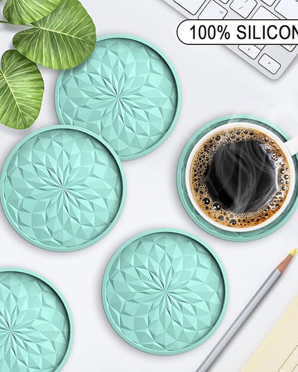 ME.FAN Silicone Coasters with Holder,[6 Pack] Drinking Coasters - Cup Mat for Hot or Cold Drinks, Thickened, Non-Slip, Non-stick,Deep Tray Mint Green