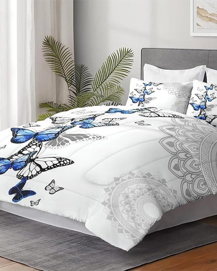 Twin Size Comforter Set with Pillowcase, Summer Spring Blue Butterfly 2 Pcs Bedding for Kids and Adults, Abstract Circular Mandala Floral Soft Comforter Set for Bedroom Bed Decor