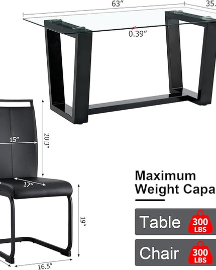 Ebullient Glass Dining Table Set for 4, Modern Dining Table Set for 4, Tempered Glass Tabletop with Black MDF Trapezoid Legs, Rectangle Kitchen Table with 4 Faux Leather Chairs for Home, Apartment