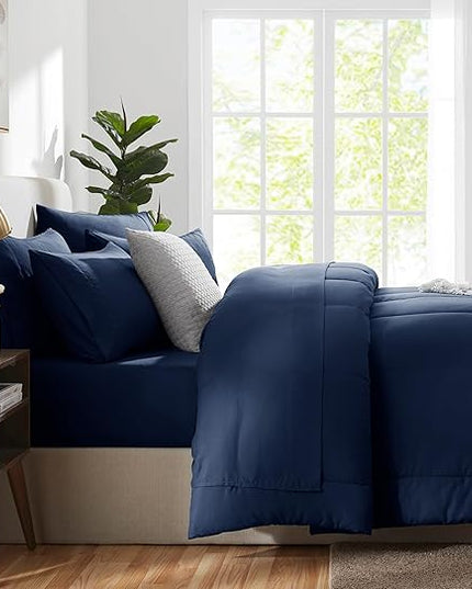 CozyLux California King Comforter Sets Navy Blue, 7 Pieces Cal King Bed in a Bag, All Season Bedding Sets with Stitch Quilted Comforter, Flat Sheet, Fitted Sheet, Pillowcases