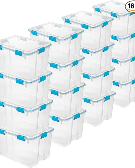 Sterilite 16-Pack Gasket Box, Weather-Resistant Storage Bins with Latching Lids, 80 Quart - Heavy-Duty Organizing Containers for Closet, Bathroom, and Office