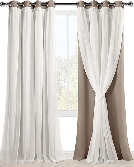 Hiasan Blackout Curtains with White Sheer Overlay, Mix & Match Double Layer Thermal Insulated Grommet Window Curtains for Bedroom, Living Room, Nursery, 2 Drape Panels with Tiebacks, Camel, 52W X 96L