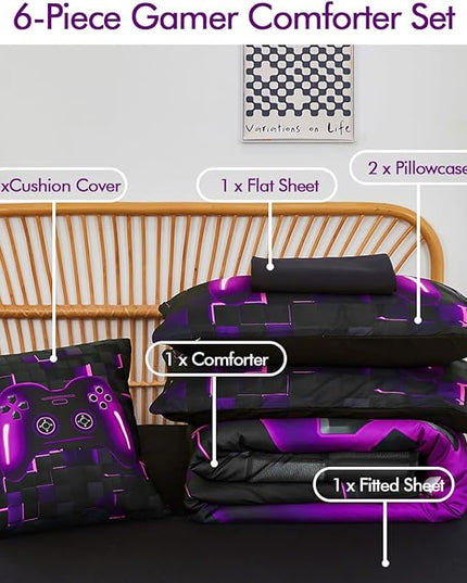 PERFEMET 6 Pieces Bed in A Bag Gamer Comforter Set Full Size Purple Gaming Bedding Set for Boys Kids Teen Soft Lightweight Video Game Black Quilt Bedspread Set(Purple, Full)
