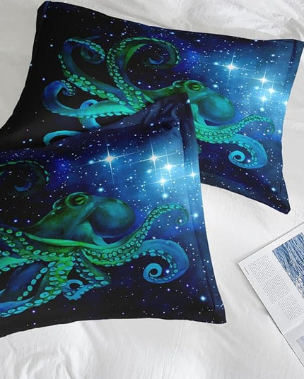 Comforter Set Twin Size, Blue Octopus Sea 5 Pcs Bedding for Kids and Adults, Space Colorful Star Bed Sheet Sets with Fitted Sheet Pillowcase & Sham for Bedroom Bed Decor