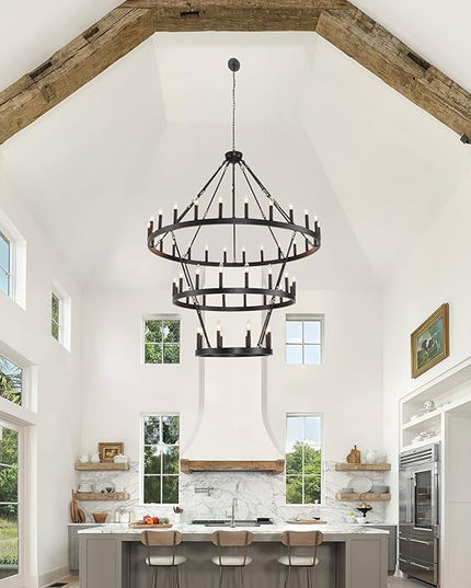 53" W Extra Large Black Wagon Wheel Chandelier, 3 Tier 48-Light Farmhouse Pendant Light Fixture for High Ceilings, Industrial Round Chandeliers for Dining Room Stairs Entryway Foyer, E12
