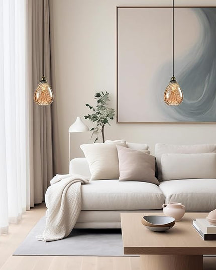 Modern Glass Pendant Light, 8"x9.6" Amber Ribbed Hanging Light Fixture with Gold Cap, 15"-72" Adjustable Cord, E26 Socket for Kitchen or Entryway – Sunrise Glow Teardrop