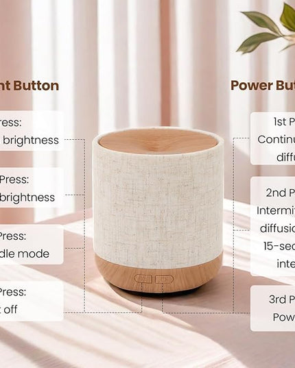 Essential Oil Diffuser 200ml with Fabric Cover and Night Lamp | Ultrasonic Aroma Diffuser | Humidifier w Lights | Room Decor | Small Humidifier for Bedroom | Gift (Light Brown)