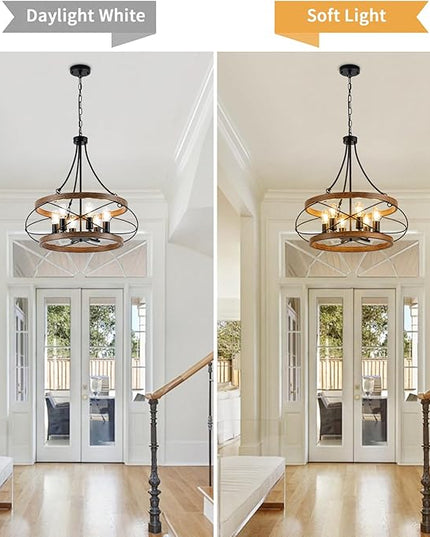 6-Light Farmhouse Chandelier, 23.62" Rustic Drum Dining Room Light Fixture, Vintage Wood Finish Metal Hanging Pendant Lighting, Industrial Candle Chandeliers for Living Room Kitchen Entryway Bedroom