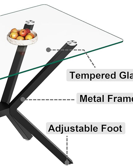 47.24" Rectangular Glass Dining Table Modern Kitchen Glass Top Table for 4 with Black Metal Legs, Clear Dining Table Kitchen Table for Home Office Dining Room