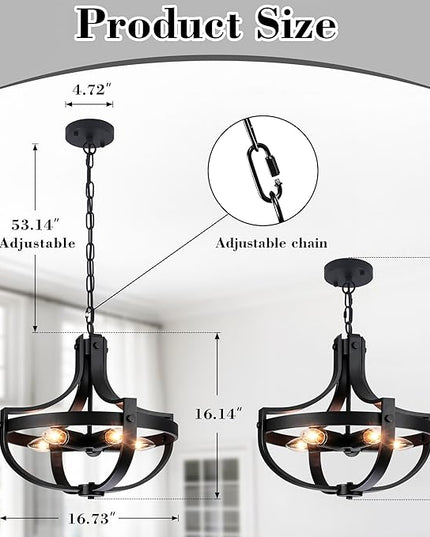 16.73" Black Farmhouse Light Fixtures, 5-Lights Vintage Cage Chandeliers Round Pendant Light for Dining Room Entryway Kitchen Island Living Room Hallway Foyer