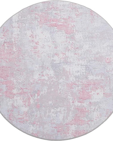 Modern Abstract 8x8 Round Area Rug Non Slip Non Shedding Rug Low Pile Stain Resistant for Bedroom Living Room Office Dining Room,Grey Pink