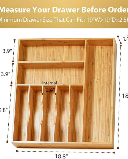 Umilife Large Kitchen Drawer Organizer, 19"x19" Silverware Utensils Organizer, 2.5" High for Large Deep Drawers, Bamboo Flatware Holder with Thick Frames, Sturdy Kitchen Organization Tray