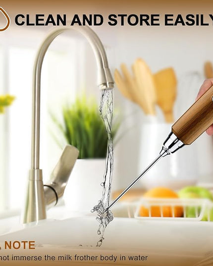 YUSWKO Wood Grain Handheld Milk Frother Wand for Coffee, Rechargeable Electric Whisk with 3 Heads 3 Speeds Drink Mixer Coffee Frother For Latte, Cappuccino, Hot Chocolate, Egg