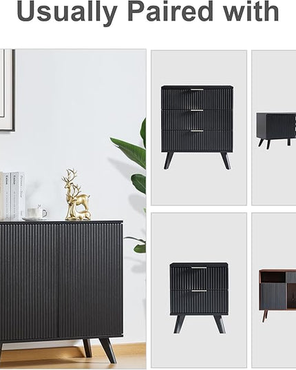 Modern Sideboard Buffet Cabinet Console Table, Accent Storage Cabinets Credenza Buffer Cabinet with 4 Fluted Doors for Kitchen Dining Living Room Entryway(Black)