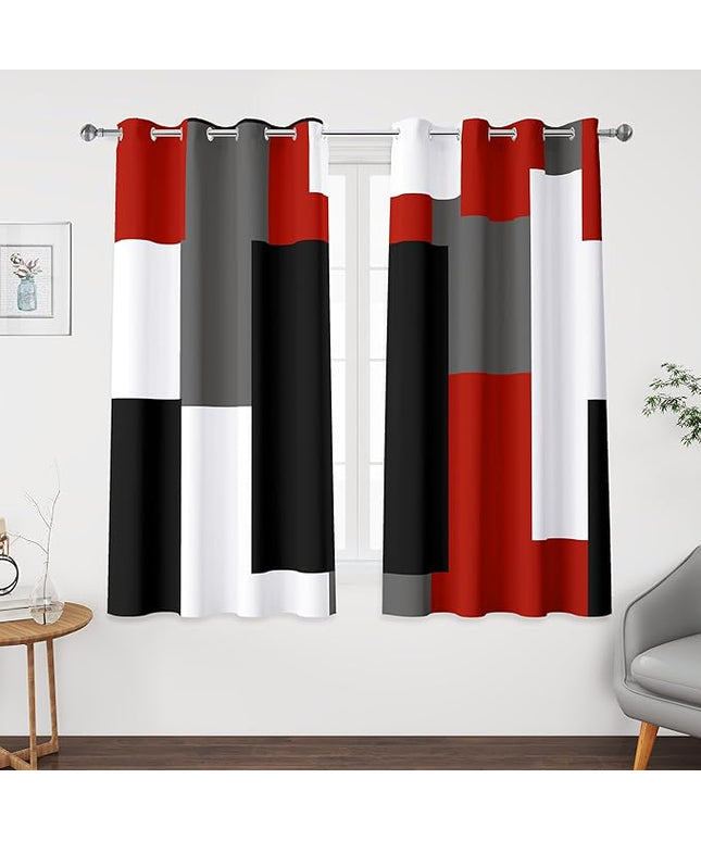 Red Black 100% Blackout Curtains 45 inch Length 2 Panels Set White Grey Modern Abstract Geometric Drapes for Kitchen Black Out Curtains Insulated Room Darkening Small Window Curtains, 52Wx45L