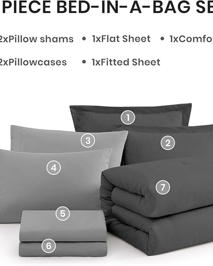 Monbix Full Size Comforter Set, Dark Grey Bedding Comforter for Full Size Bed Set Reversible, Bedding Sets Full 7 Pieces, Cationic Dyeing Bed in a Bag with Comforter, Sheets, Pillowcases & Shams