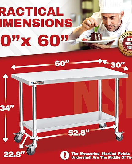 DuraSteel 30x60 NSF Stainless Steel Cart - Heavy Duty Food Prep Table with Undershelf - Rolling Kitchen Island on Wheels for Commercial Restaurant Kitchen, Garage, Outdoor Cooking, BBQ Grill, Counter